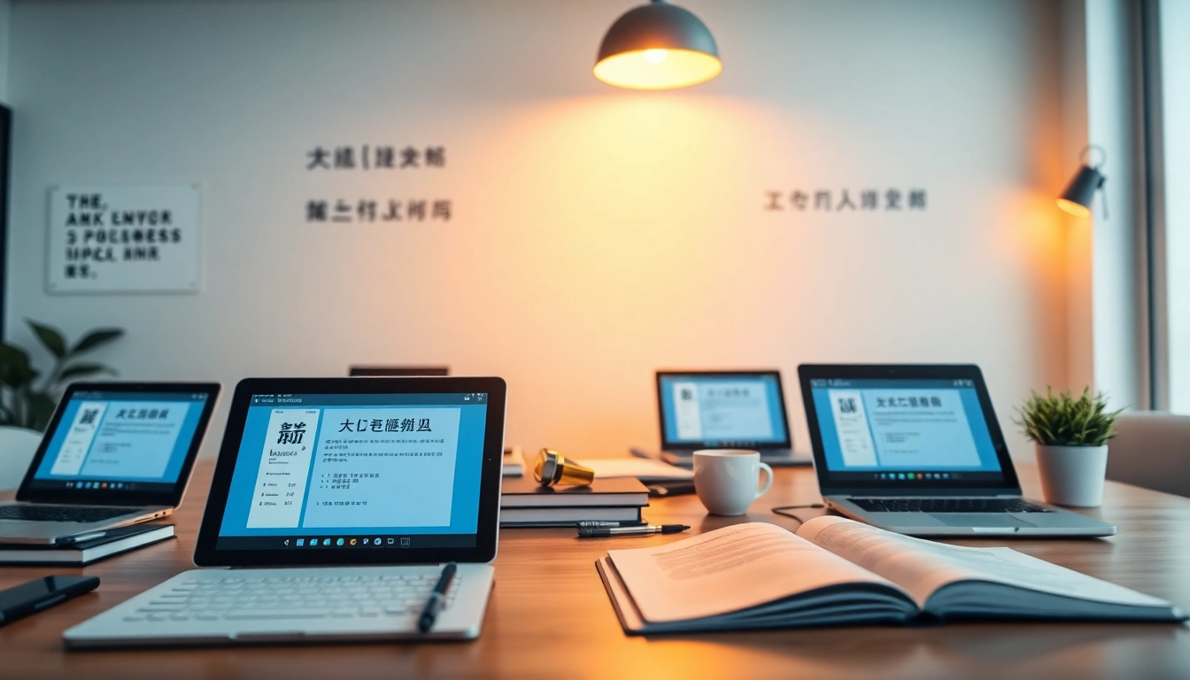Modern workspace featuring 有道翻译 app on digital devices, inspiring productivity.