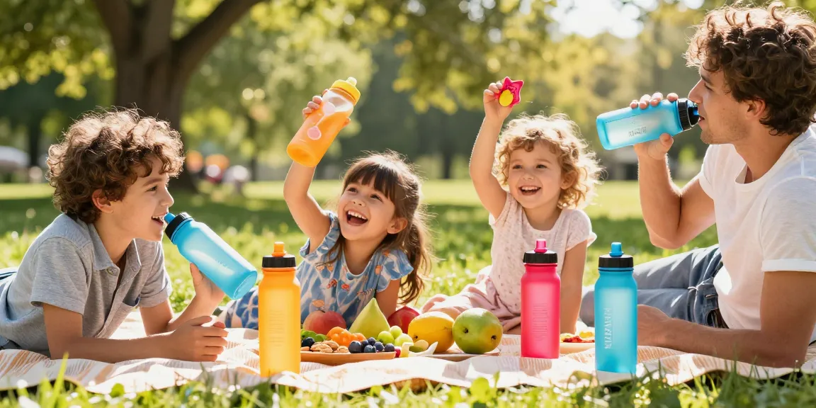Family enjoying flavored water without additives from colorful WAVEX bottles in a sunny park.