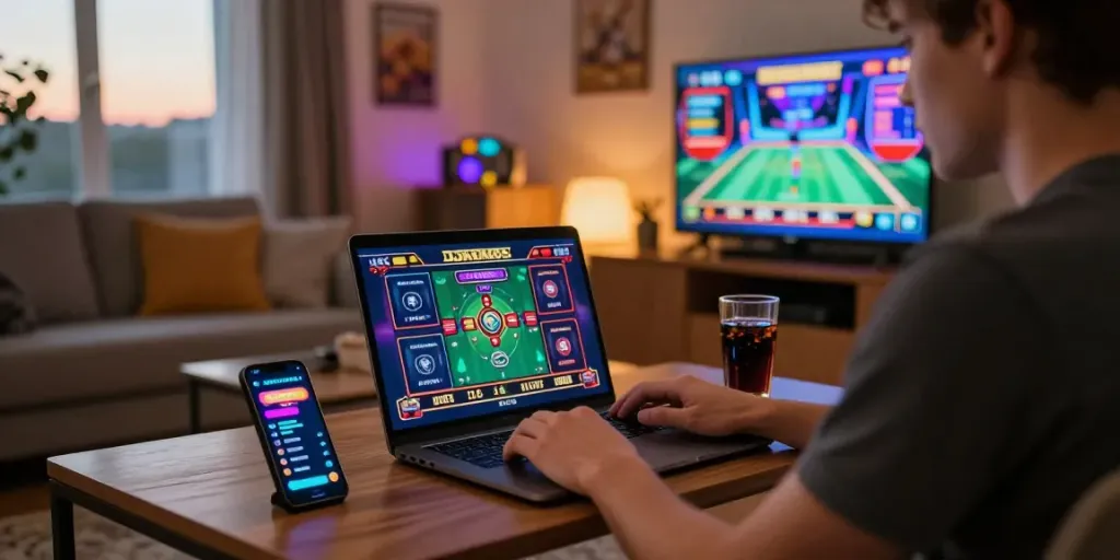 Engaging user exploring the DJARUMBOS LINK ALTERNATIF on a laptop in a cozy living room.