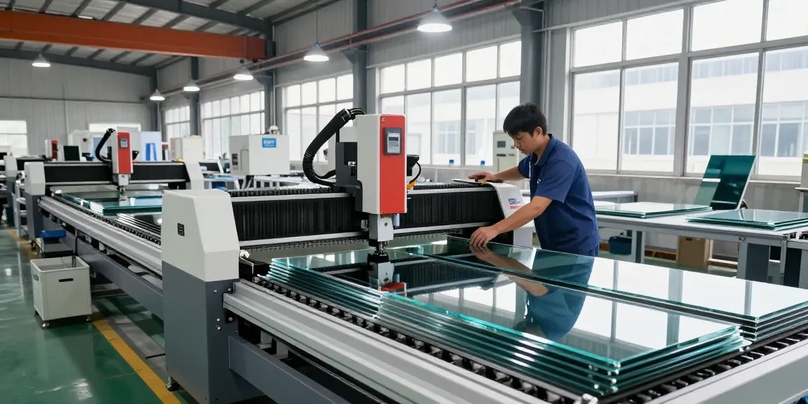 CNC automatic glass cutting machine in use at a modern industrial facility showcasing advanced glass processing technology and skilled technicians.