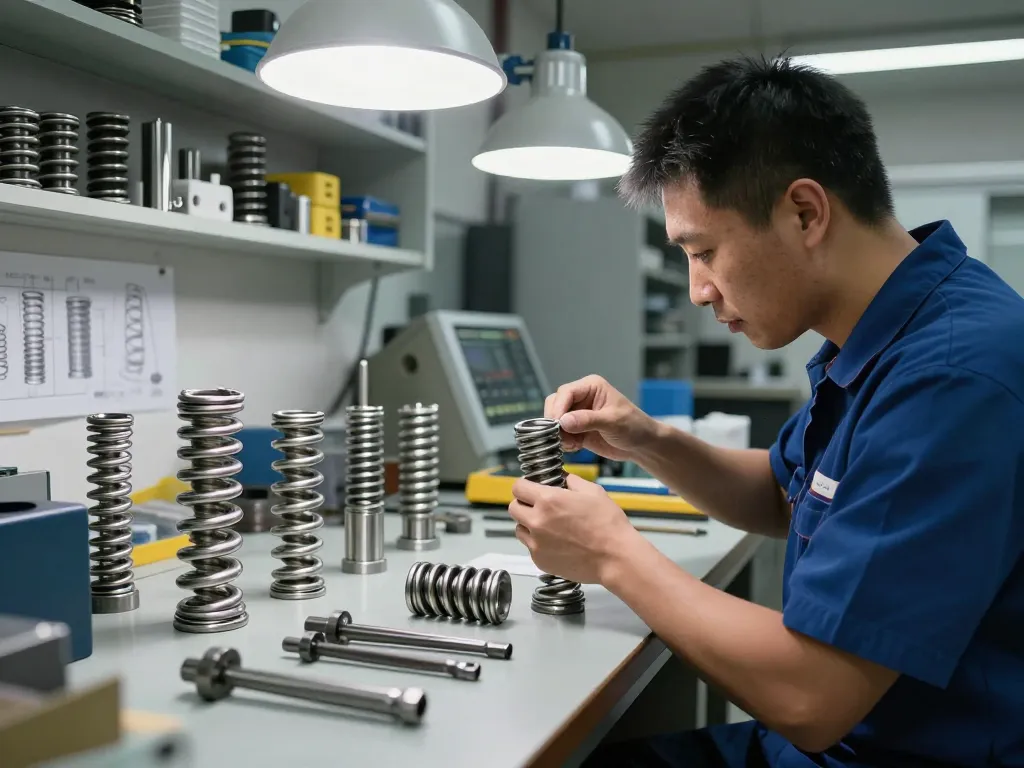 Tehnician inspectând arcuri inox într-un atelier industrial.