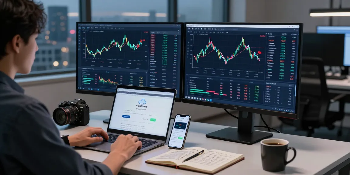 Cloud mining company trading setup with cryptocurrency graphs, digital wallet, and market analysis tools in a modern office.