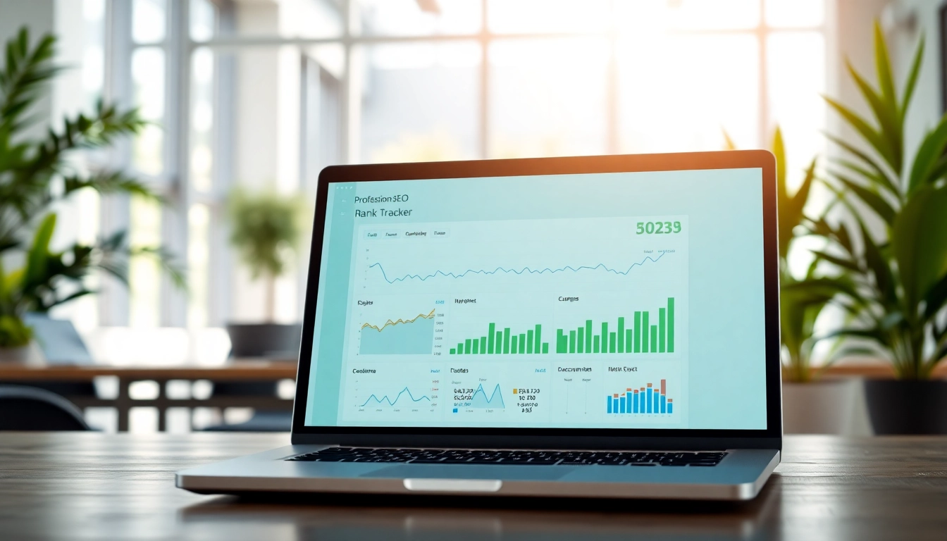 Engaging SEO Rank Tracker software interface displayed on a laptop in a modern office.