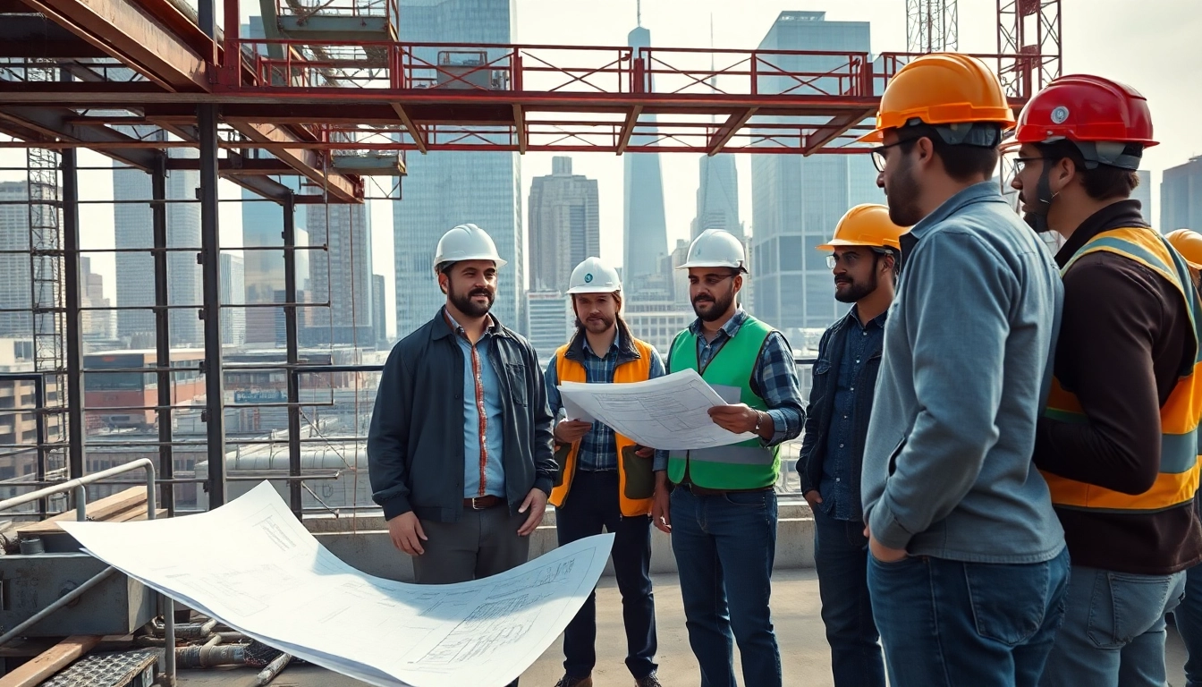 New York Commercial General Contractor overseeing a construction project with a diverse team.