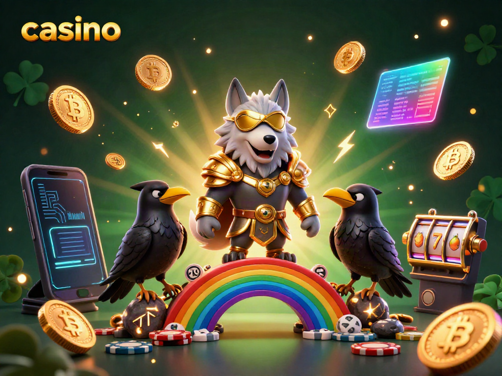 Experience vibrant casino thrills with Odin and ravens amidst slot reels and blockchain elements.