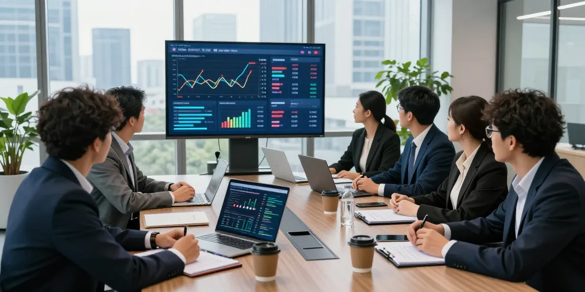 Business professionals reviewing financial crime intelligence data in a modern office setting.