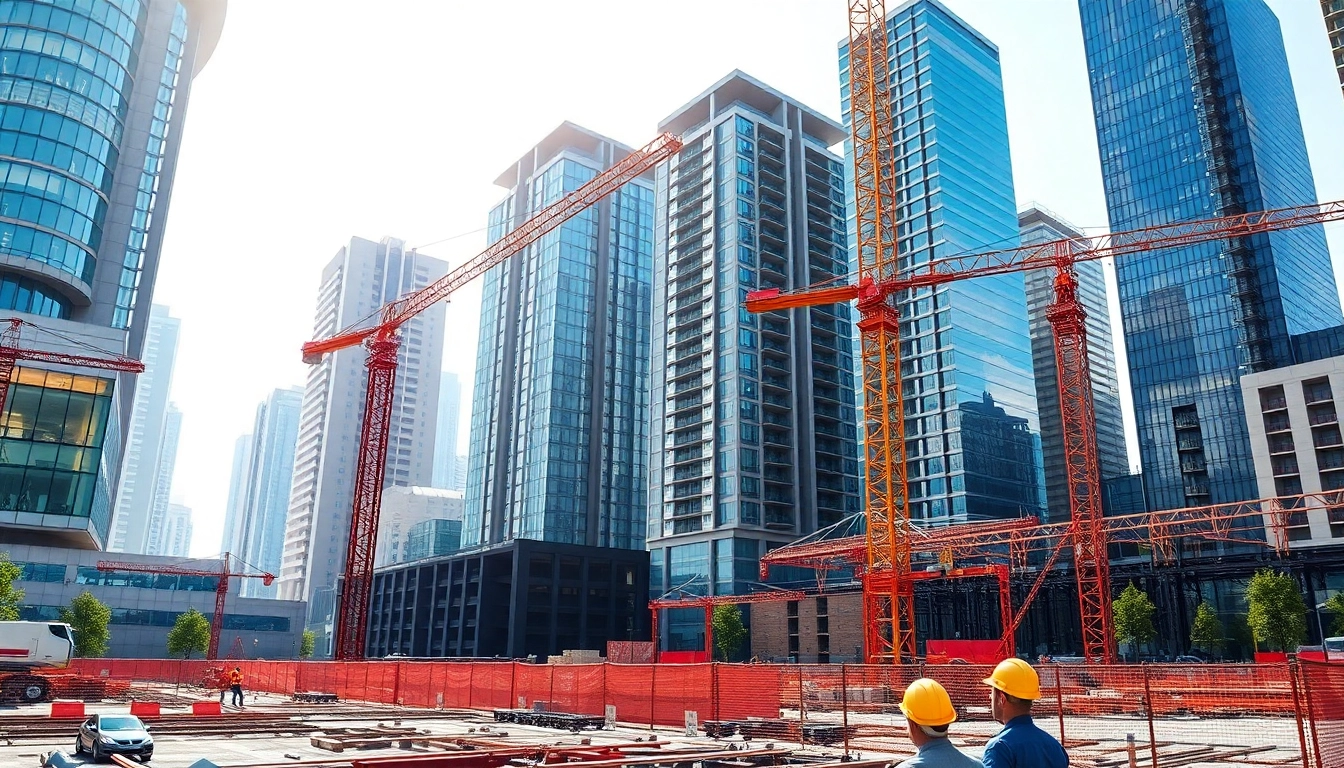 Real Estate Development showcasing an urban construction site with cranes and modern buildings.