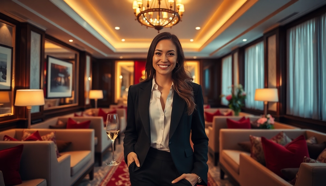 Luxurious interior showcasing a Singapore escort service with elegant decor and a charming escort ready to greet clients.