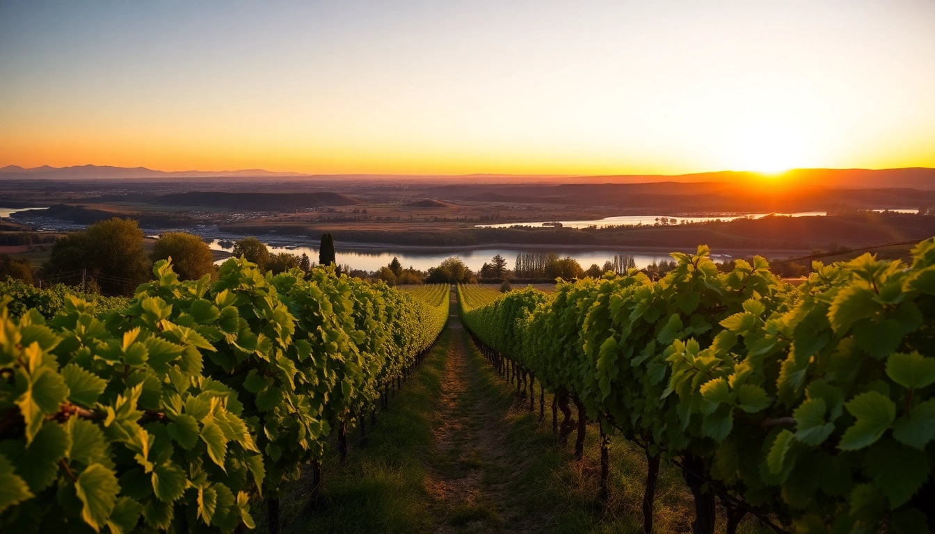 Stunning landscape of Clarksburg California's vineyards under a sunset sky.