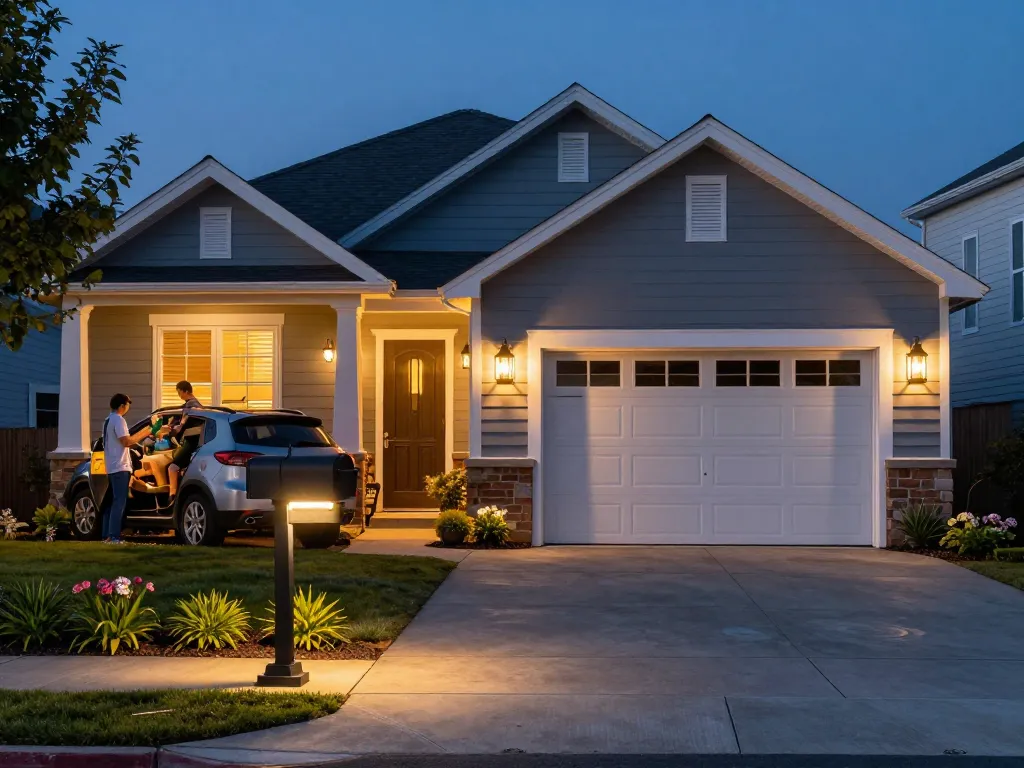 Elegant outdoor garage lights illuminating a charming driveway during twilight, enhancing safety and style.