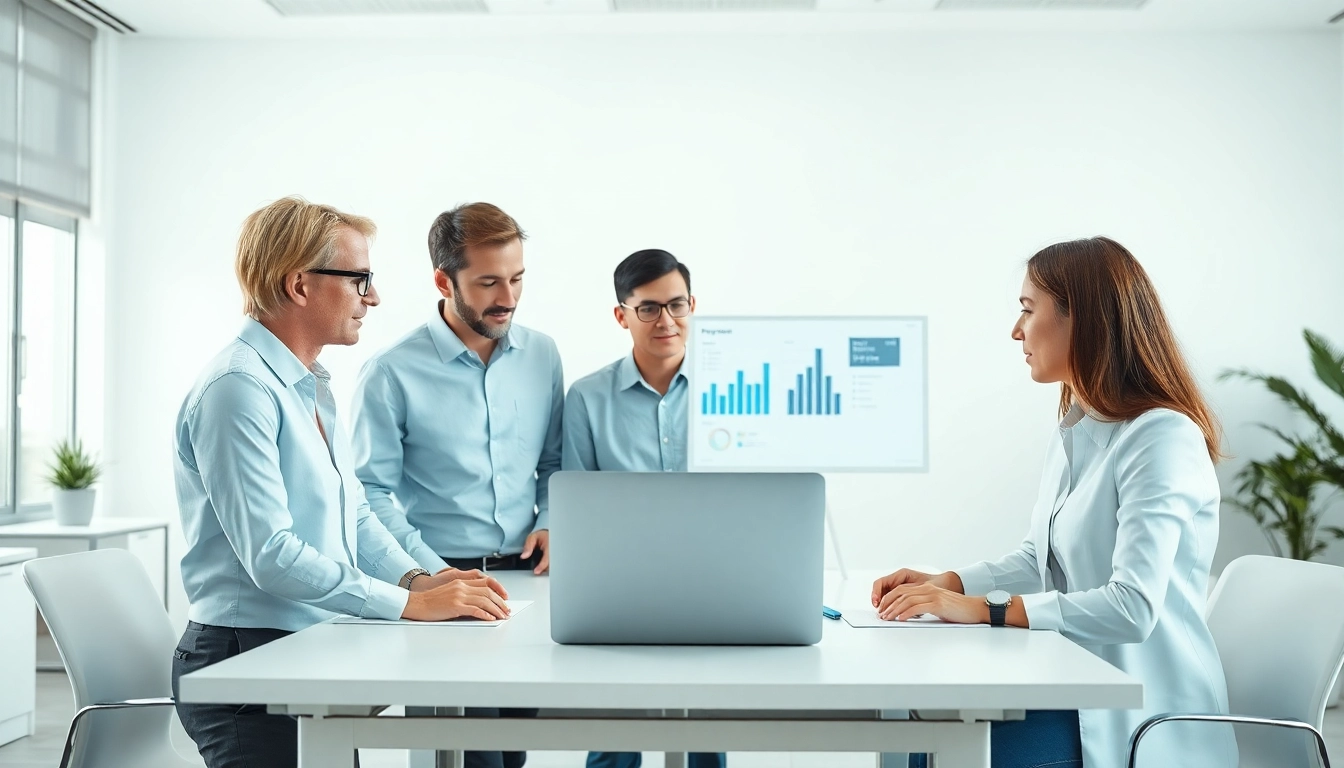 Brightet team collaborating on digital tools in a modern office setting.