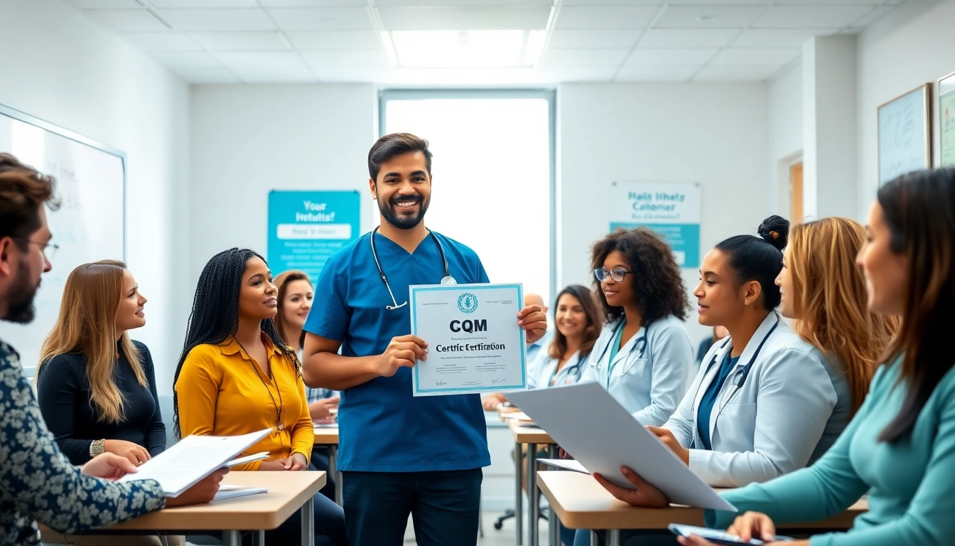 CQM certification holder proudly displays achievement in a professional educational setting.