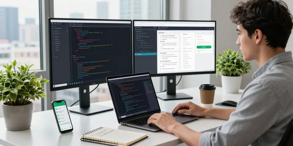 WhatsApp下載 on smartphone while developer codes in modern office