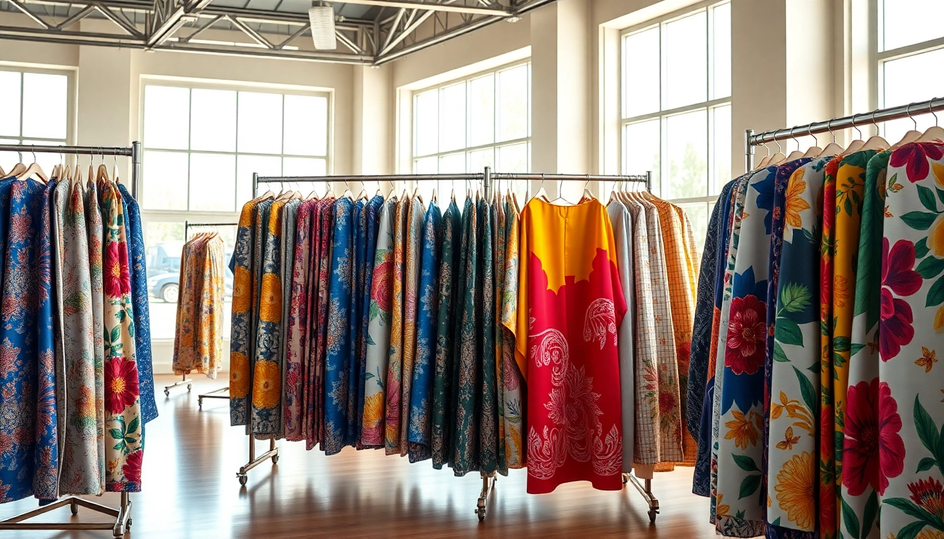 Bedrukte stoffen kopen in verschillende kleuren en stijlen, gepresenteerd in een stijlvolle showroom.
