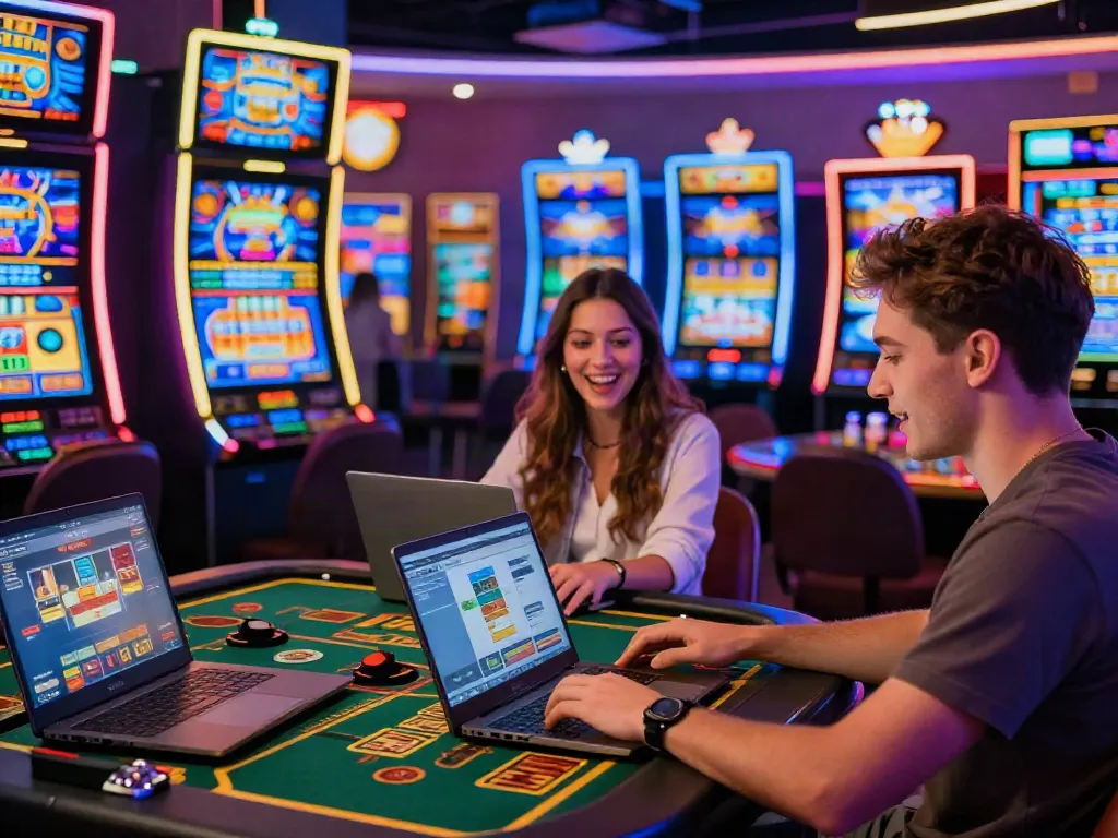 Online casinos that accept credit cards featuring enthusiastic players enjoying games on laptops in a vibrant casino setting.