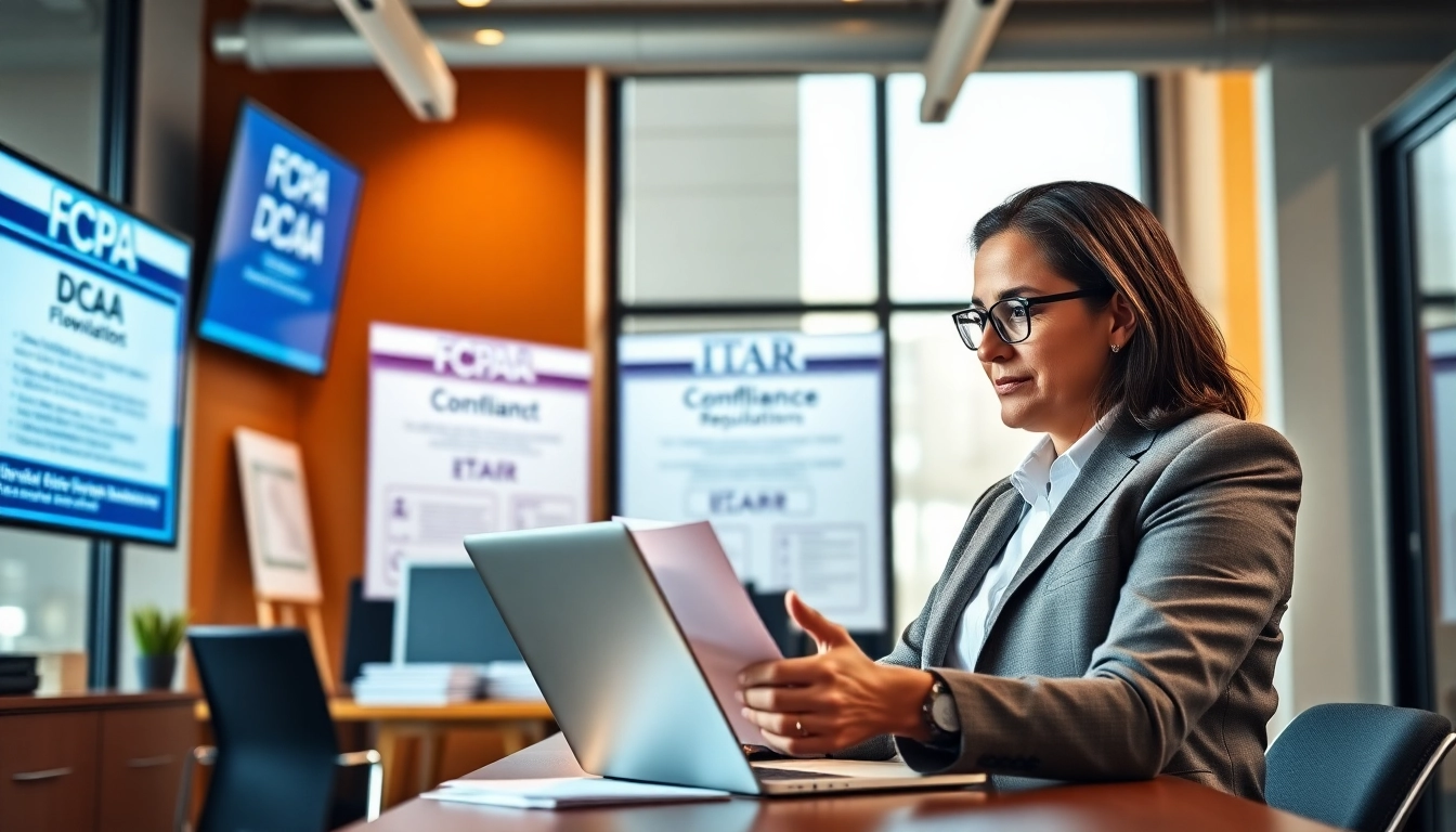 Consultant analyzing FCPA/DCAA/Flowdown/ITAR/EAR compliance documents in a modern office.
