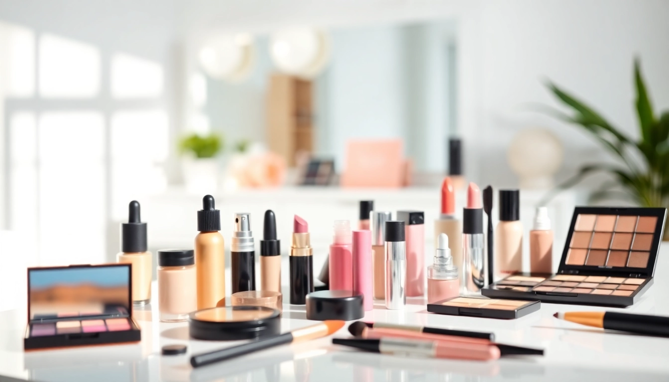 Showcase of cosmetics supplied by wholesale makeup suppliers in a vibrant studio setting.