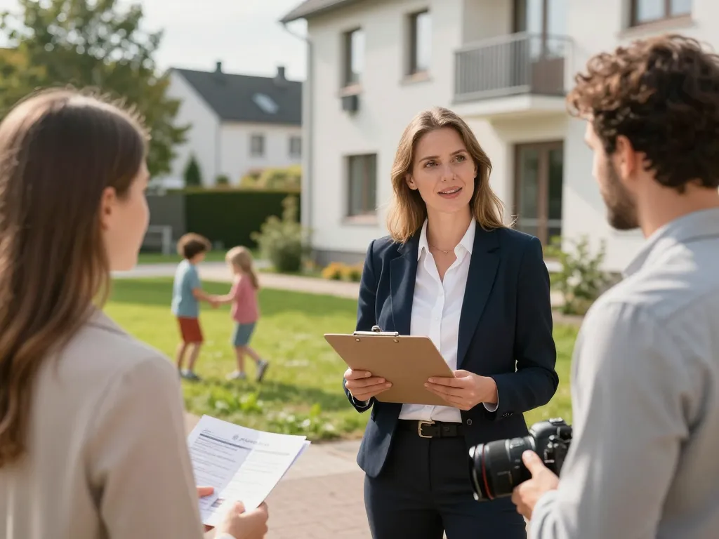 Immobilienmakler Frankfurt Preungesheim präsentiert Immobilien und engagiert sich mit Kunden in einem lebhaften Viertel.