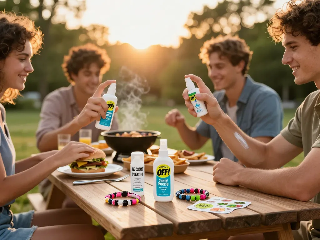 Friends applying the Best Mosquito Repellent outdoors at a summer barbecue, showcasing various products on the table.