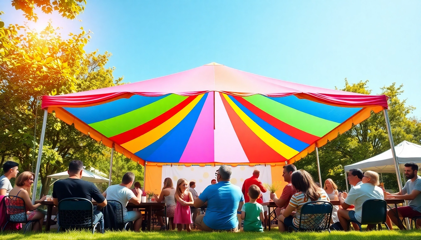 Families enjoying time under a colorful canopy tent in a sunny outdoor setting.