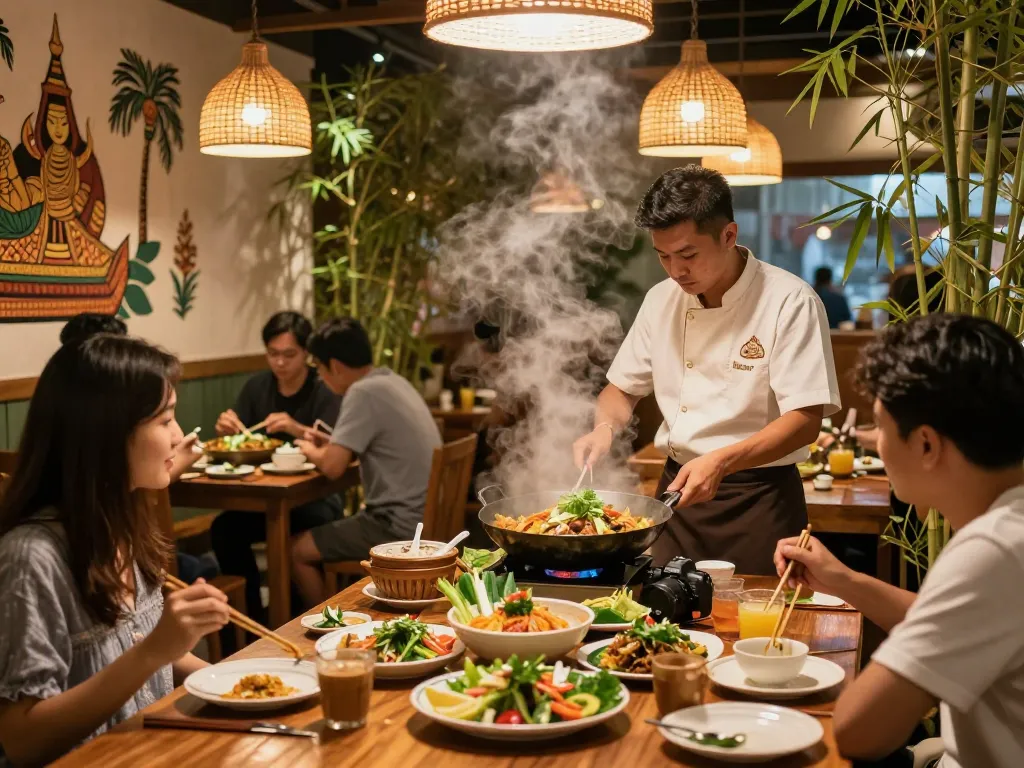 Experience the vibrant atmosphere of the 88Pulsa restaurant, featuring chefs preparing authentic Thai dishes.