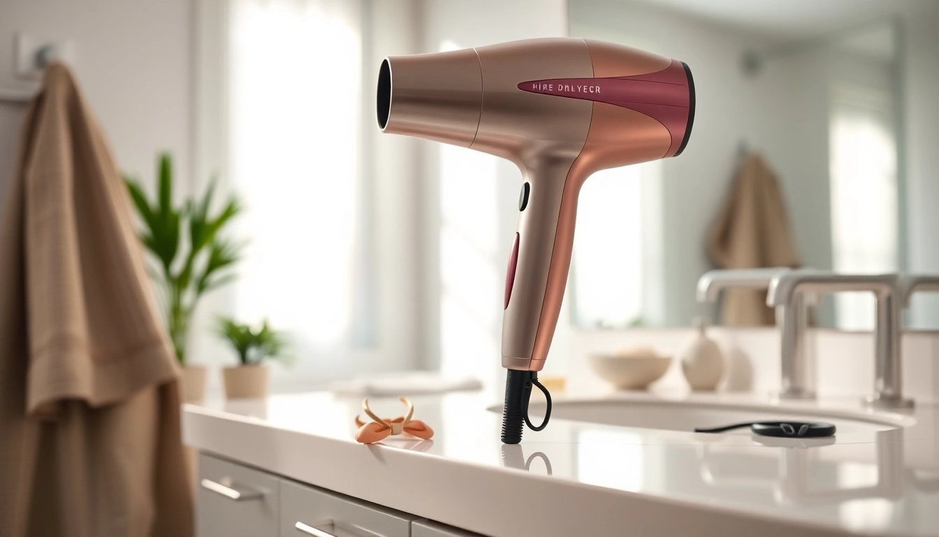 Effortlessly tames frizz with a sleek frizzy hair dryer on a stylish vanity.