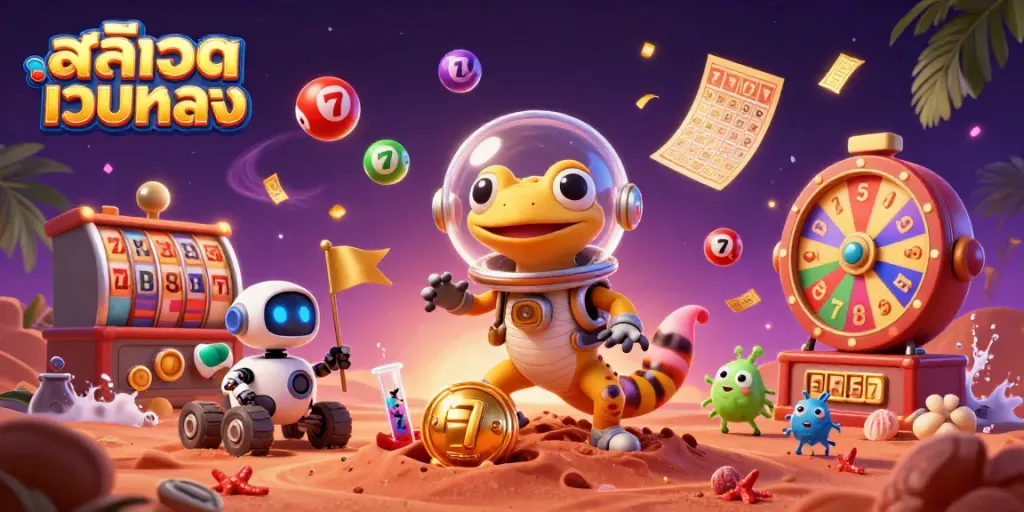 Experience the excitement of สล็อตเว็บตรง casinos with a vibrant Martian theme featuring a gecko and robot!