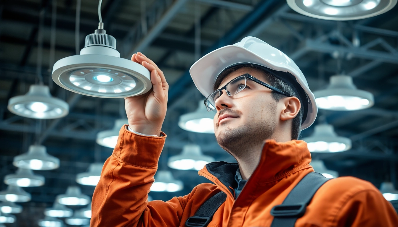 Technician performing lighting maintenance in an industrial setting with bright fixtures.