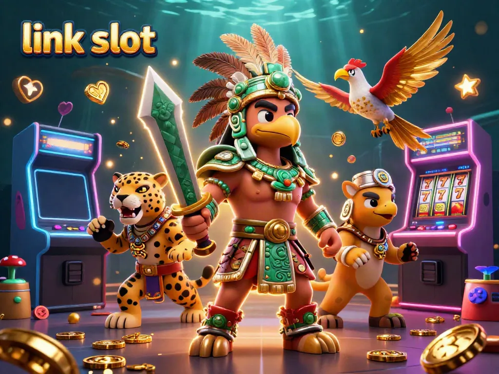 Ilustrasi slot gacor dengan karakter Aztec dan mesin permainan, menggambarkan link slot pada tema kasino.