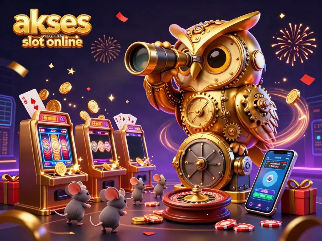 Melihat akses permainan slot online dengan gambar karakter kasino dan mesin slot berwarna cerah yang memikat.