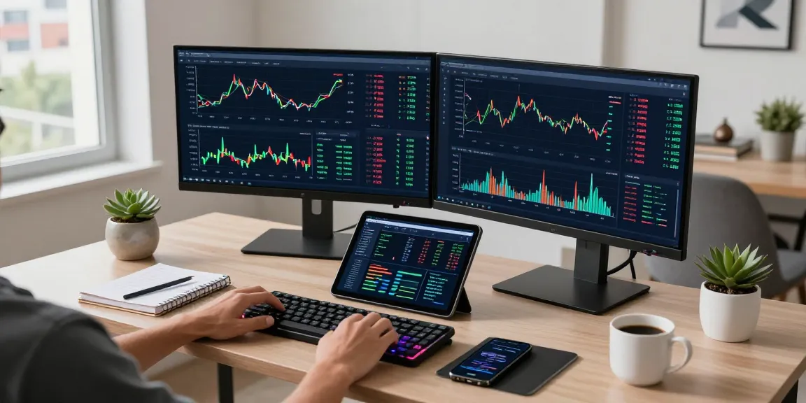 Secure cloud mining platform showcased in modern home office environment with cryptocurrency charts and trading tools, highlighting innovative blockchain technology.