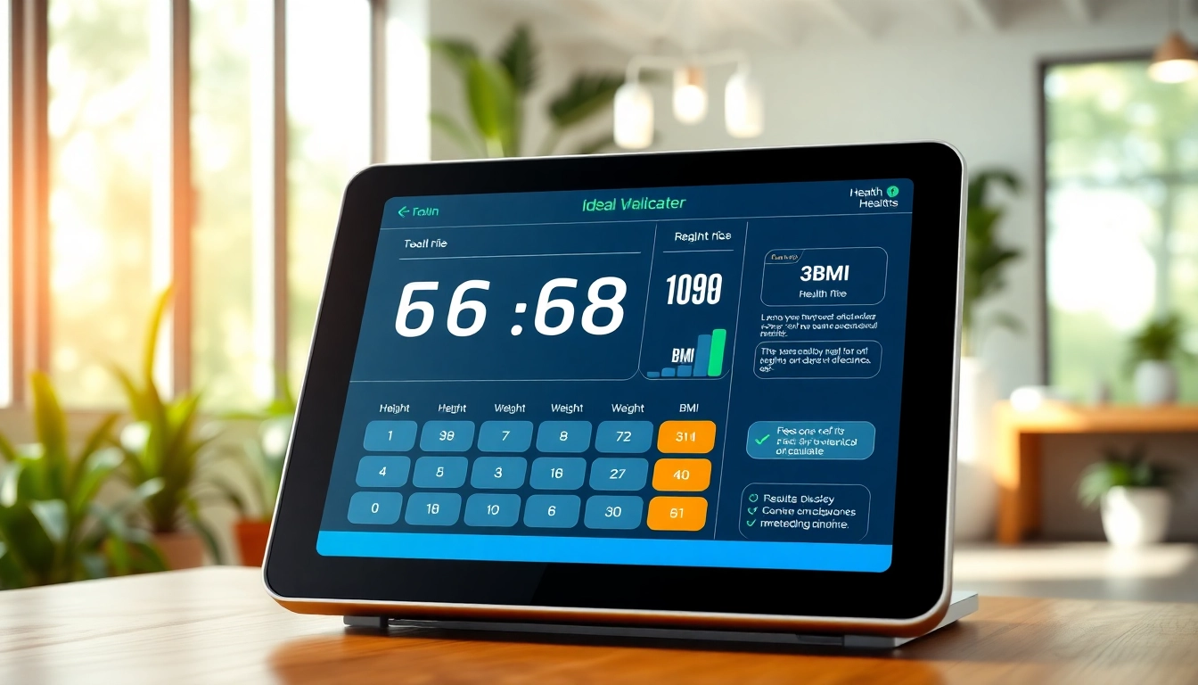 Calculate your ideal weight calculator with a modern device in a vibrant health clinic setting.