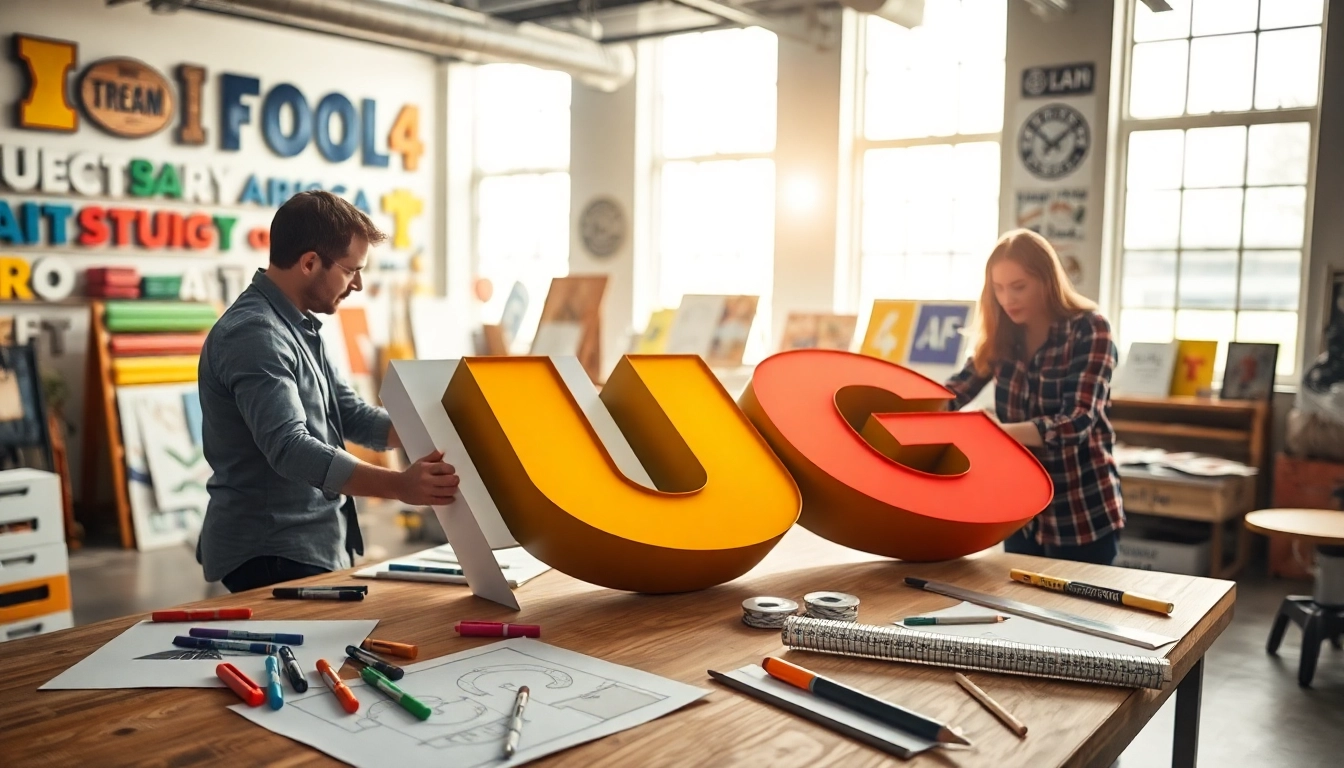 Design expert creating engaging sign design in a lively workshop.