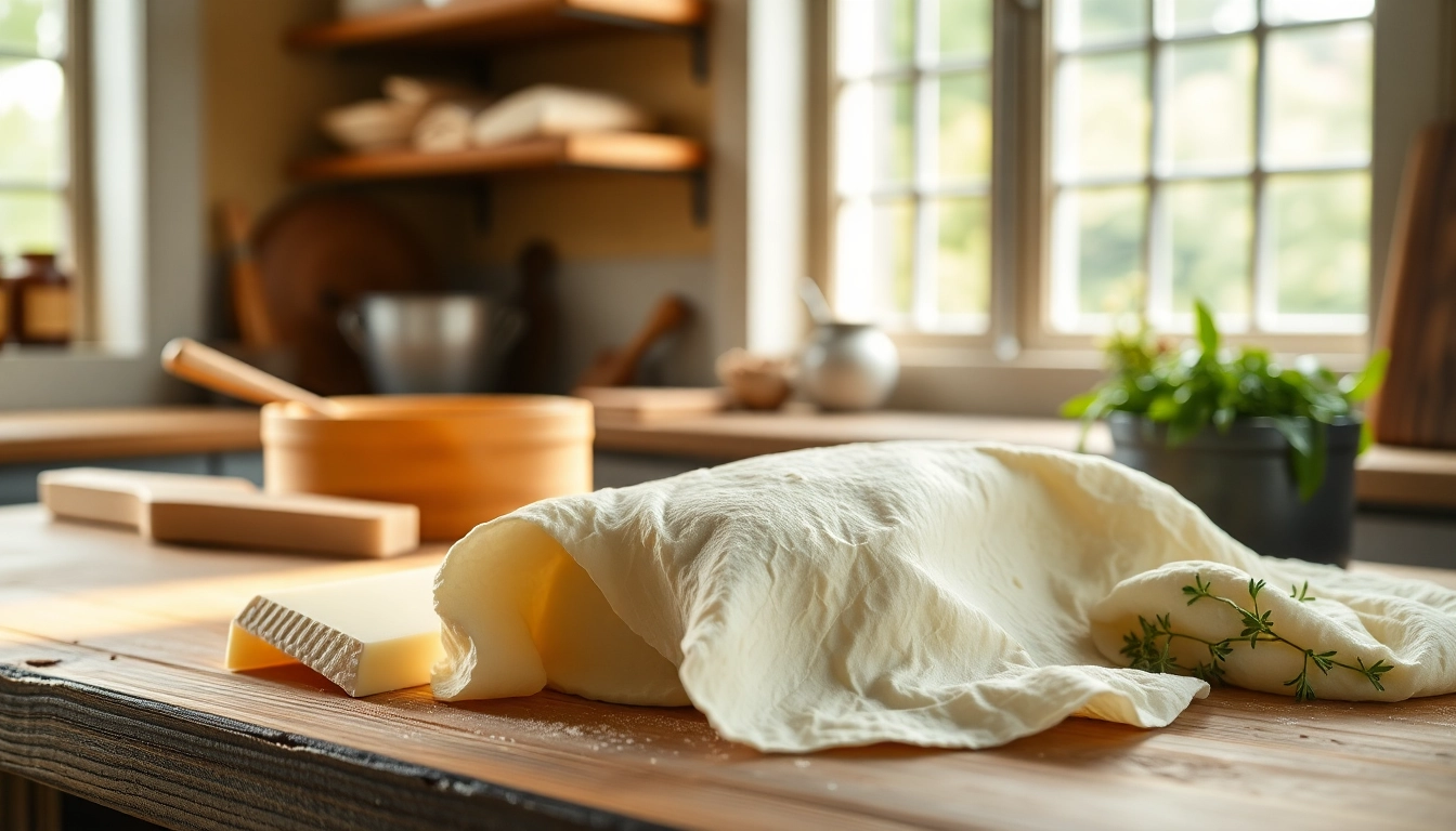 Kaasdoek met delicate textuur op een rustieke houten tafel in de keuken.