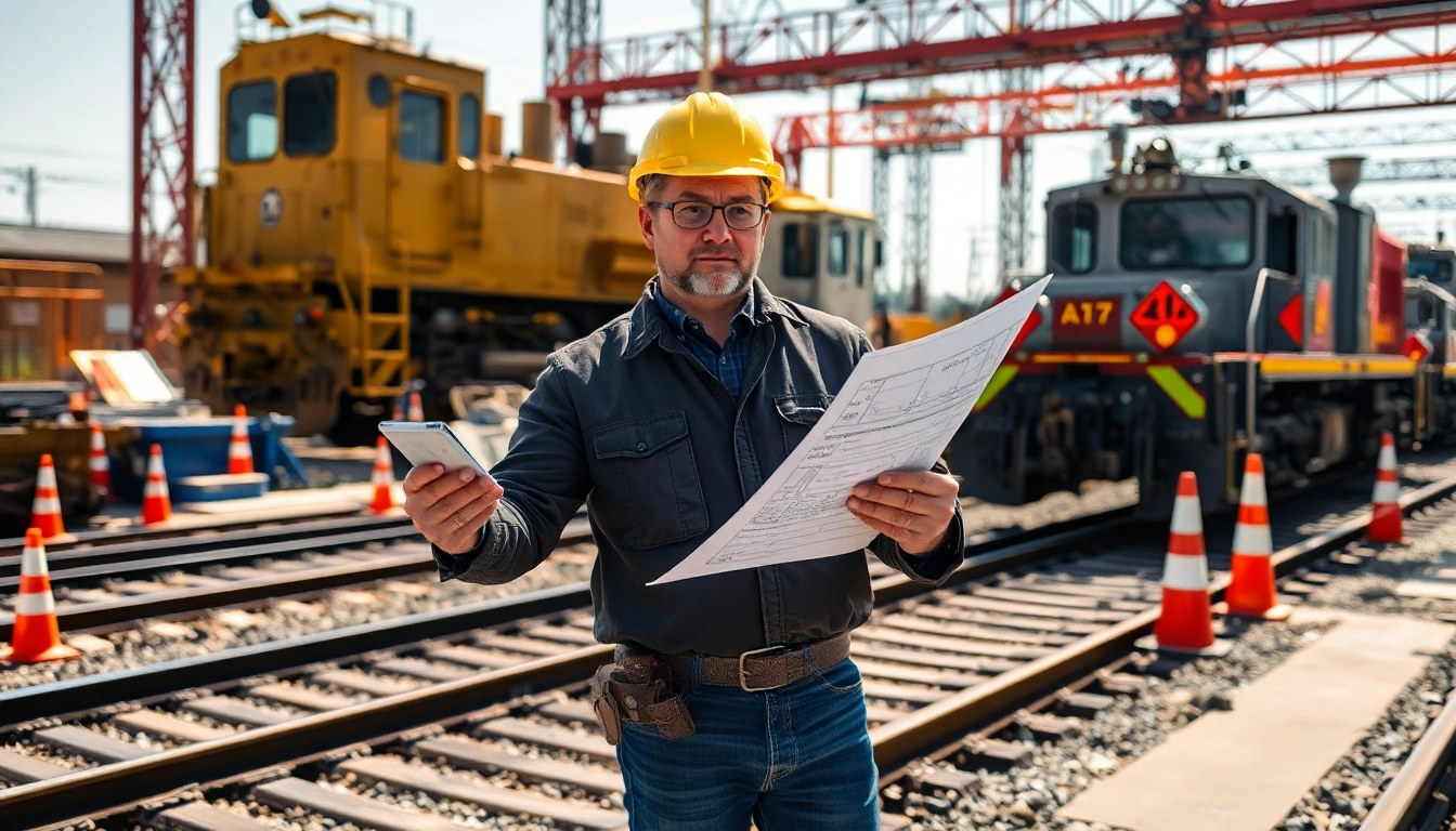 Railroad Engineering expert examining blueprints at a busy construction site.