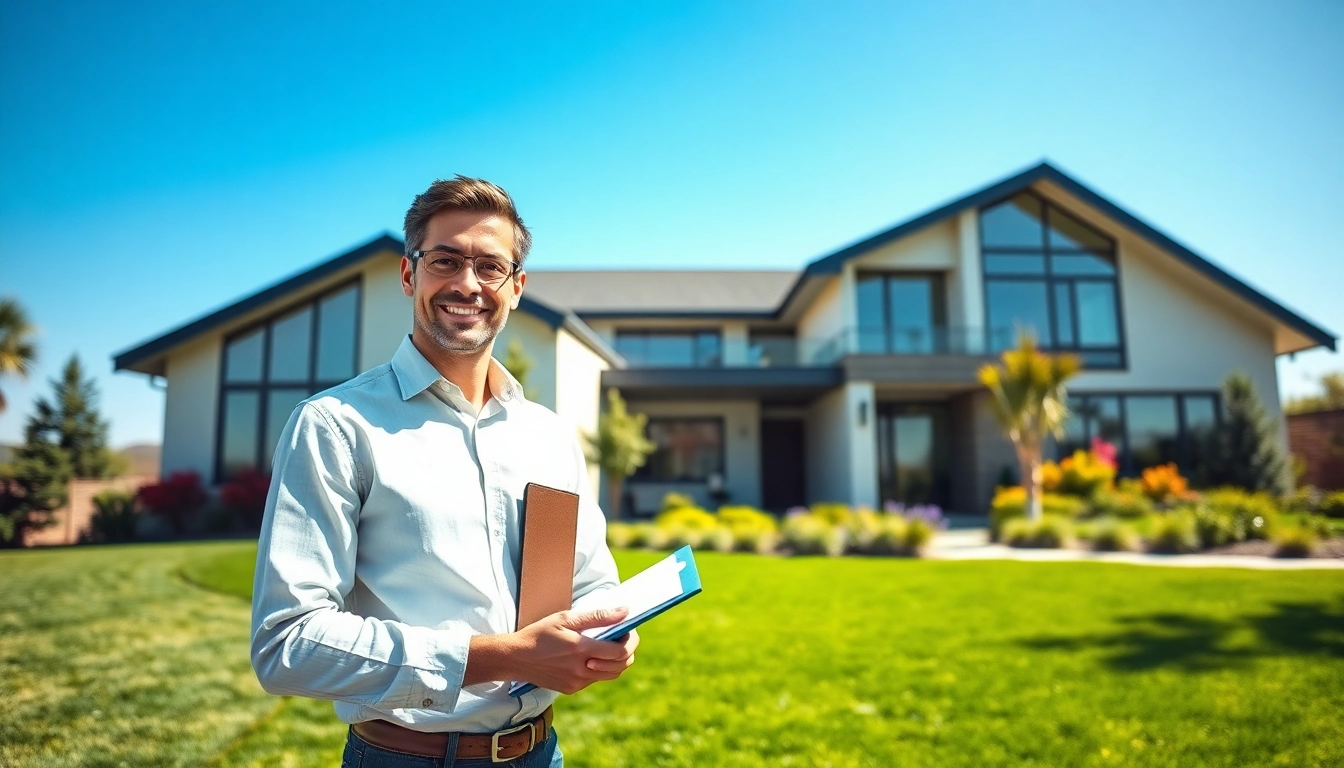 Real Estate agent showcasing a contemporary home with vibrant landscaping and a welcoming atmosphere.
