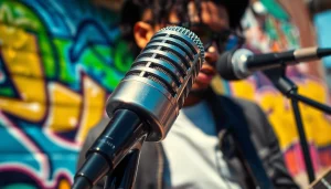 Musician performing with MV88 microphone in a vibrant urban environment.