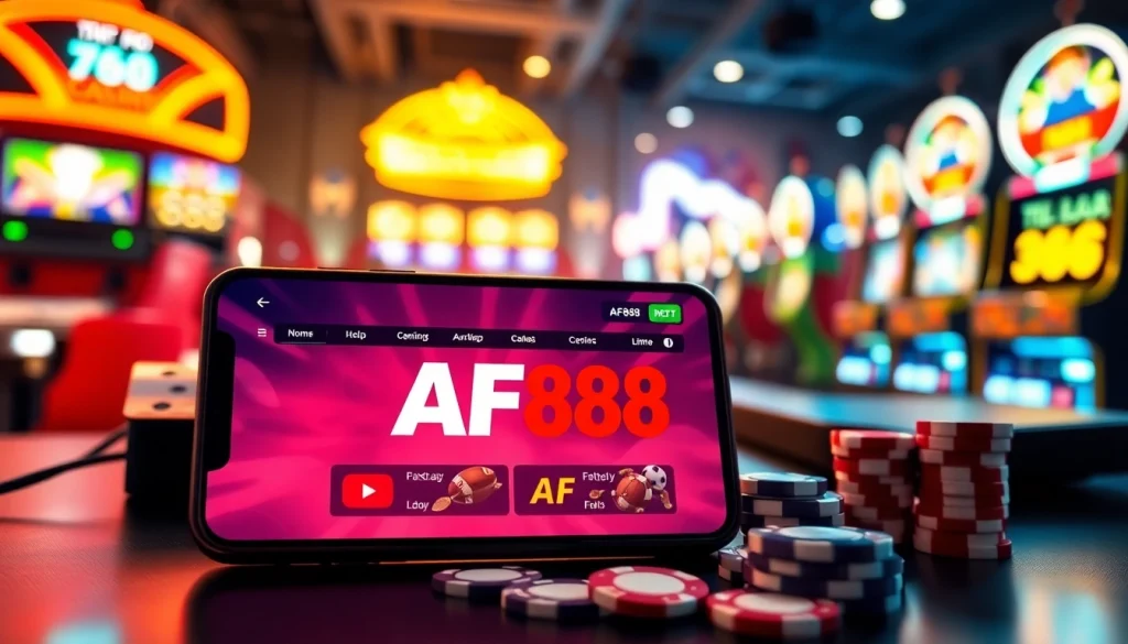 AF88 mobile betting experience displayed on a smartphone amidst a lively casino setting.