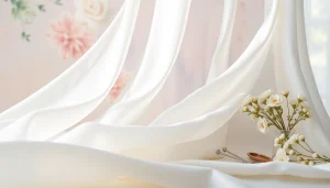 Mousseline stof met delicate details in een serene en etherische setting.