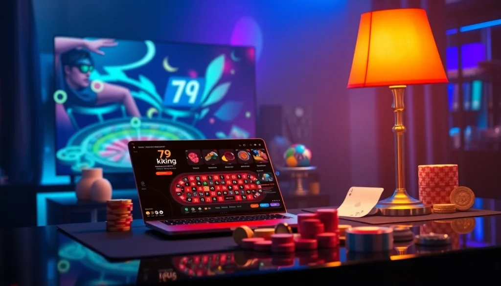 Engage with 79king net's online gambling platform showcasing poker tables and vibrant graphics.