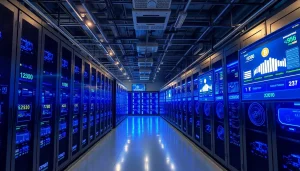 Advanced data center showcasing top cloud mining operations with real-time tracking screens.