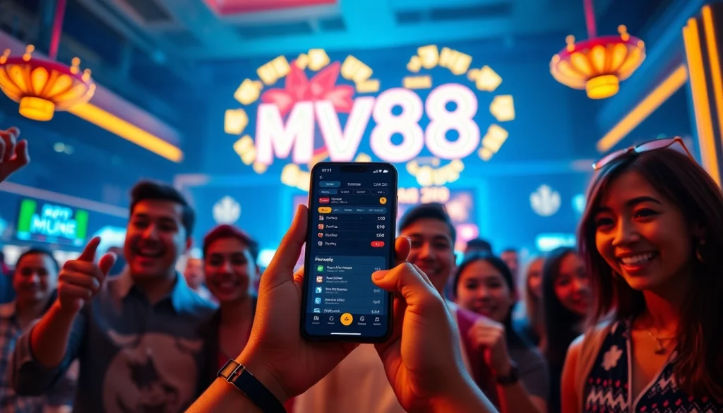 MV88 online betting app interface with excited players in a vibrant casino setting.