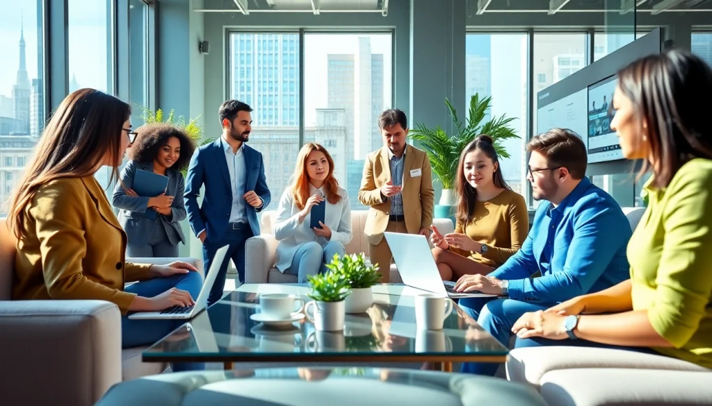 Engaged individuals discussing new york jobs in a bright, modern office space.