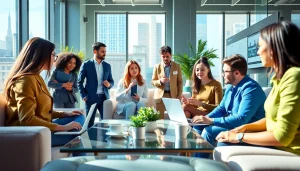 Engaged individuals discussing new york jobs in a bright, modern office space.