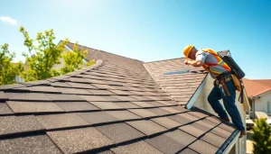Professional roofing services showcased by a skilled roofer actively installing shingles on a bright day.