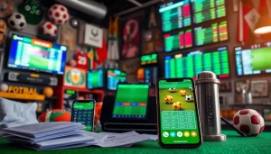 Engaging scene of online sportsbooks India with live betting screens and sports memorabilia.