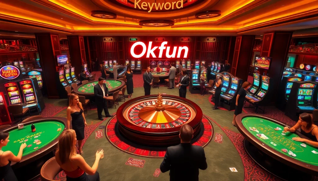 Okfun energizes the vibrant atmosphere of a busy casino with roulette, poker, and lively players.