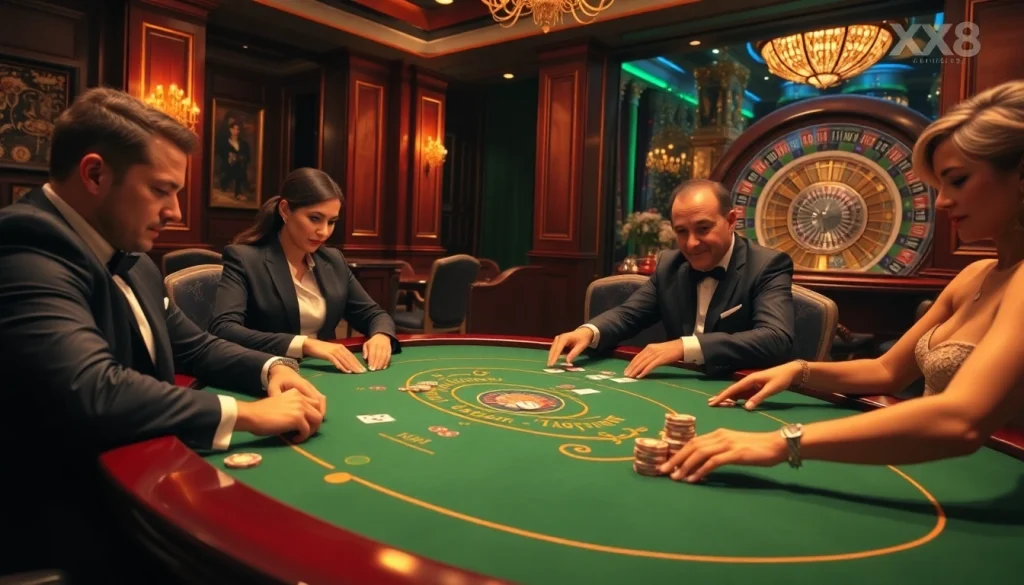 Engaged players at the XX88 poker table amidst vibrant casino excitement with poker chips and cards.