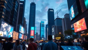 Engaging scene of Technology in a modern urban landscape with neon lights and people using devices.