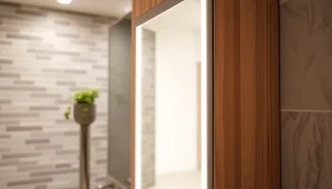 Spiegelschrank led im modernen Badezimmer mit stilvoller Beleuchtung und elegantem Design präsentieren.